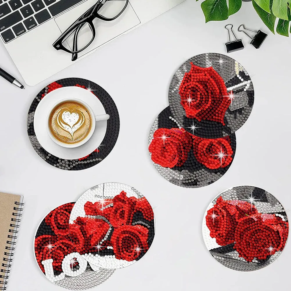 DIY Floral Diamond Art Coasters, 8 Piece Set With Holder, Love Roses