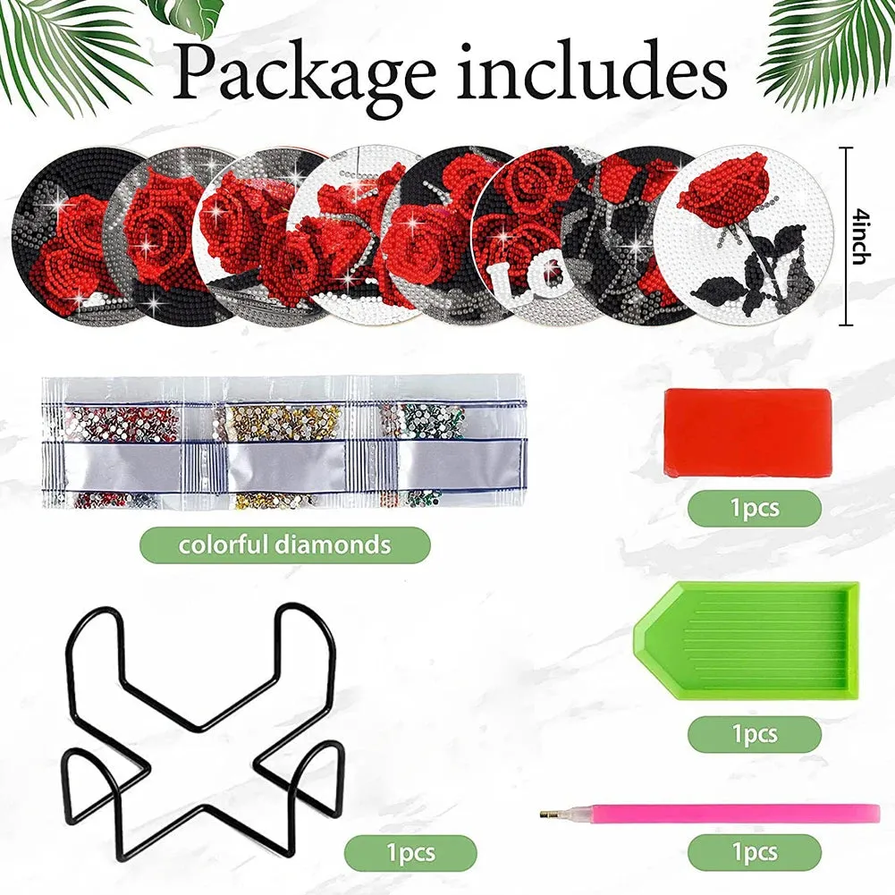DIY Floral Diamond Art Coasters, 8 Piece Set With Holder, Love Roses