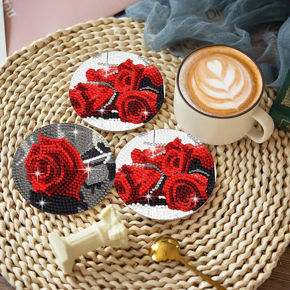 DIY Floral Diamond Art Coasters, 8 Piece Set With Holder, Love Roses
