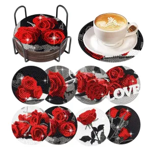 DIY Floral Diamond Art Coasters, 8 Piece Set With Holder, Love Roses