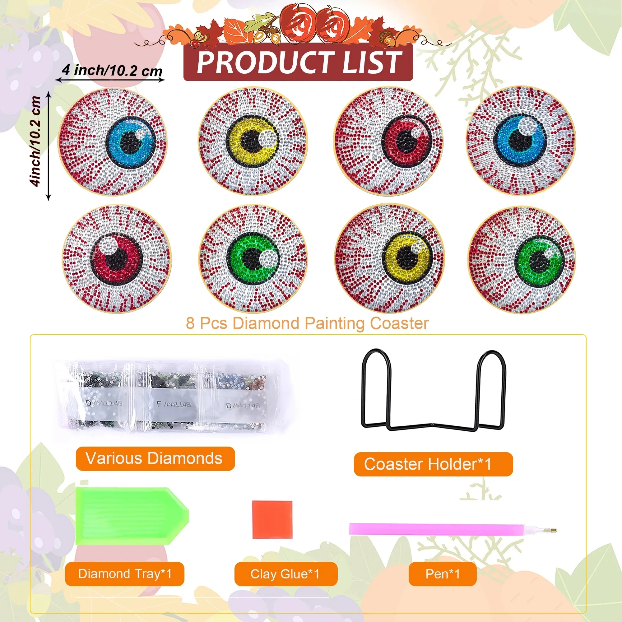 DIY Halloween Diamond Art  Coasters, 8 Piece Set With Holder, Eyeballs Designs