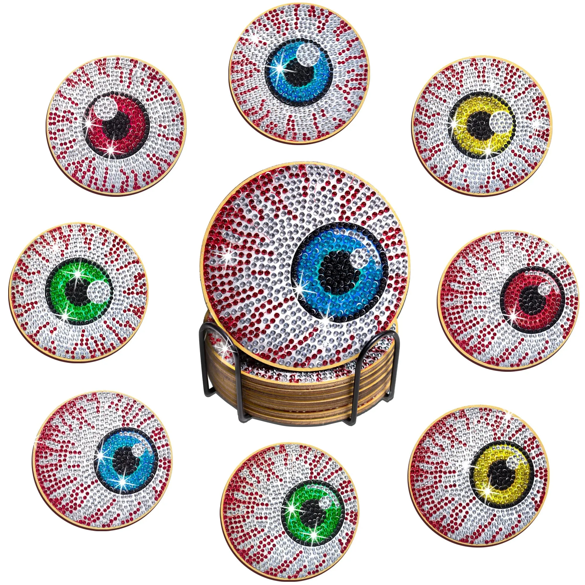 DIY Halloween Diamond Art  Coasters, 8 Piece Set With Holder, Eyeballs Designs