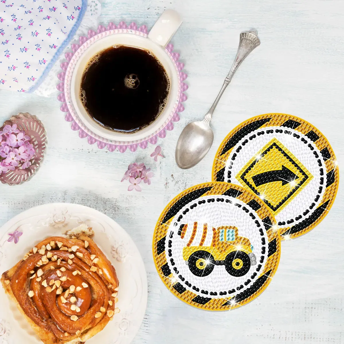 DIY Motors Diamond Art Coasters, 8 Piece Set With Holder, Construction Vehicles