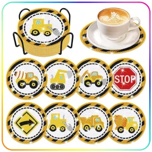 DIY Motors Diamond Art Coasters, 8 Piece Set With Holder, Construction Vehicles