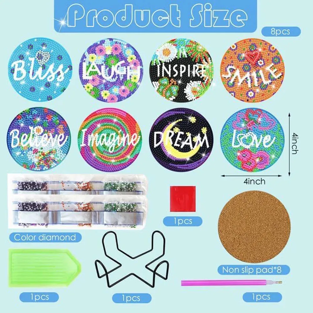 DIY Musical Diamond Art Coasters, 8 Piece Set With Holder, Pop Star