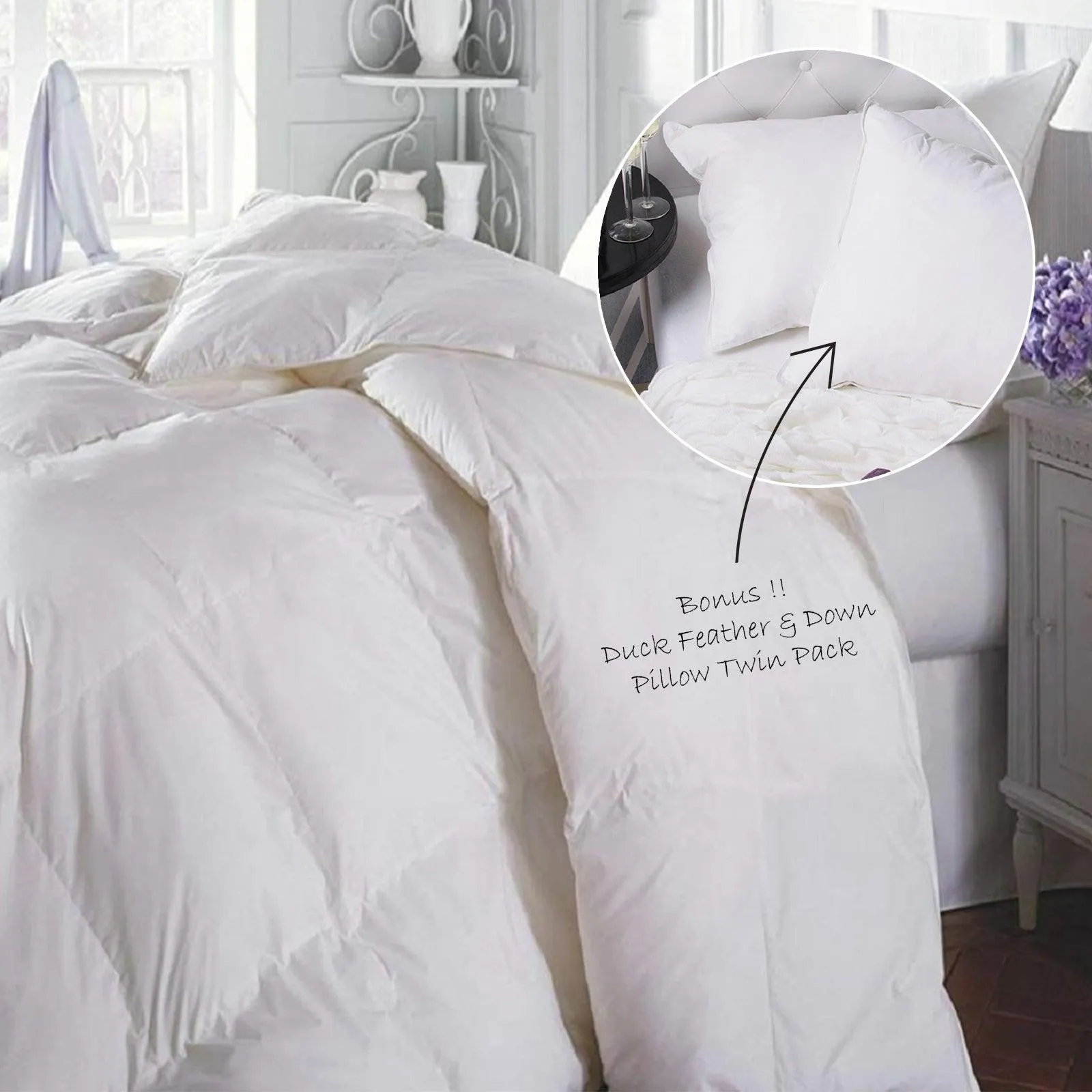 Duck Feather & Down Quilt 500GSM   Duck Feather and Down Pillows 2 Pack Combo - Single - White