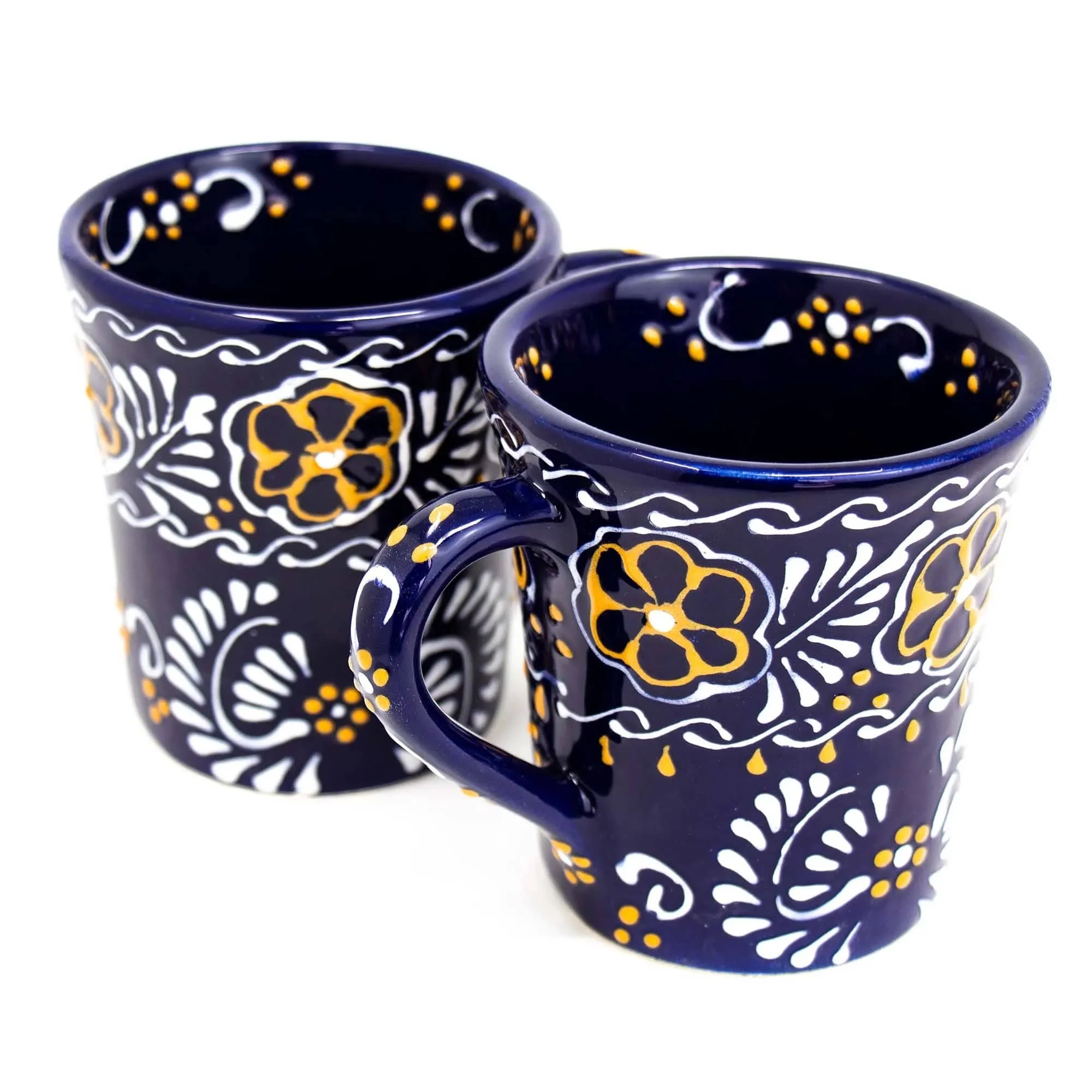 Encantada Flared Mugs Deep Blue Floral Pattern Handmade Mexican Art