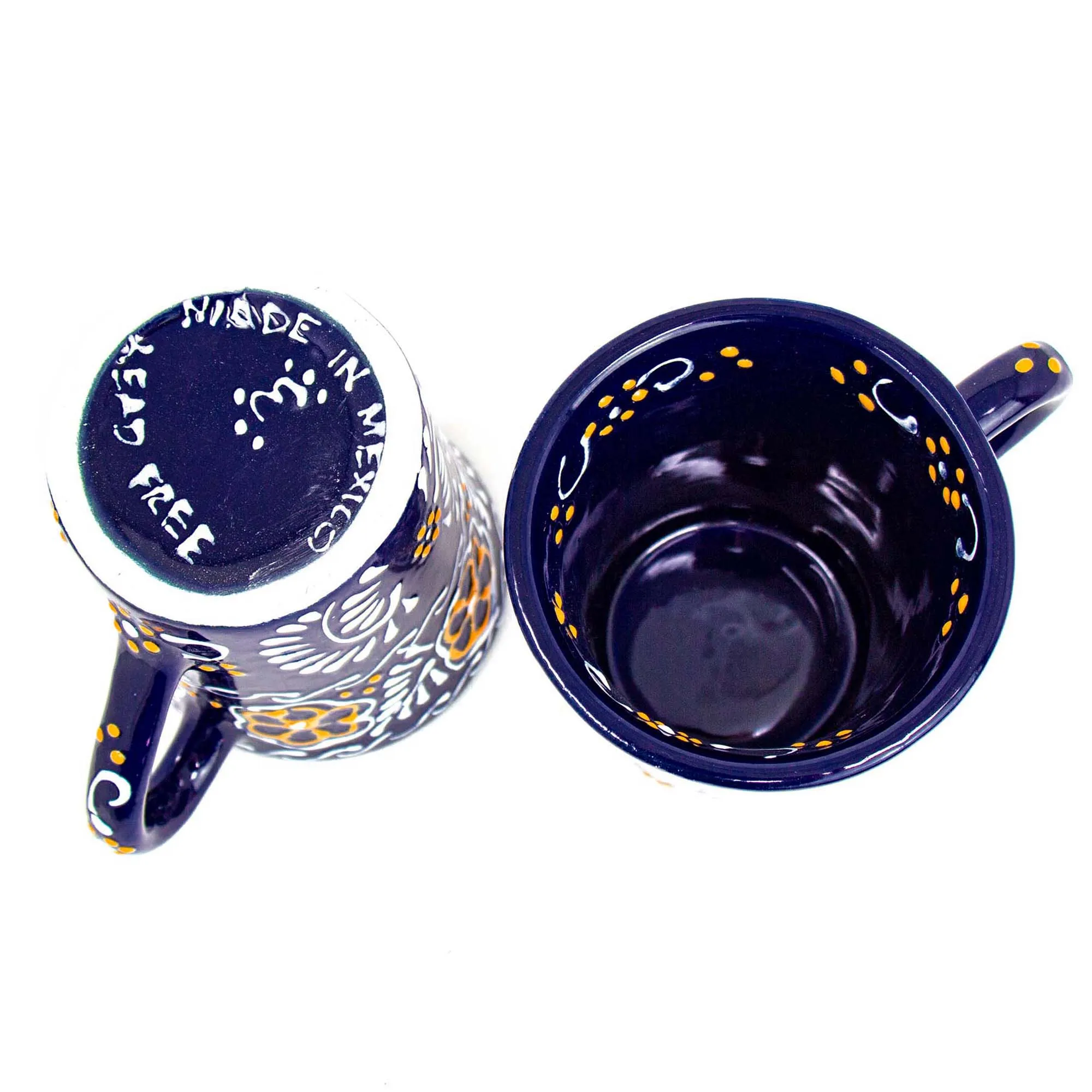 Encantada Flared Mugs Deep Blue Floral Pattern Handmade Mexican Art