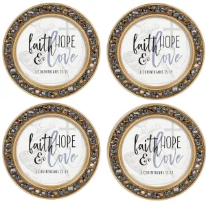 Faith Hope & Love Amber Goldtone 4.5 Inch Jeweled Coaster Set of 4