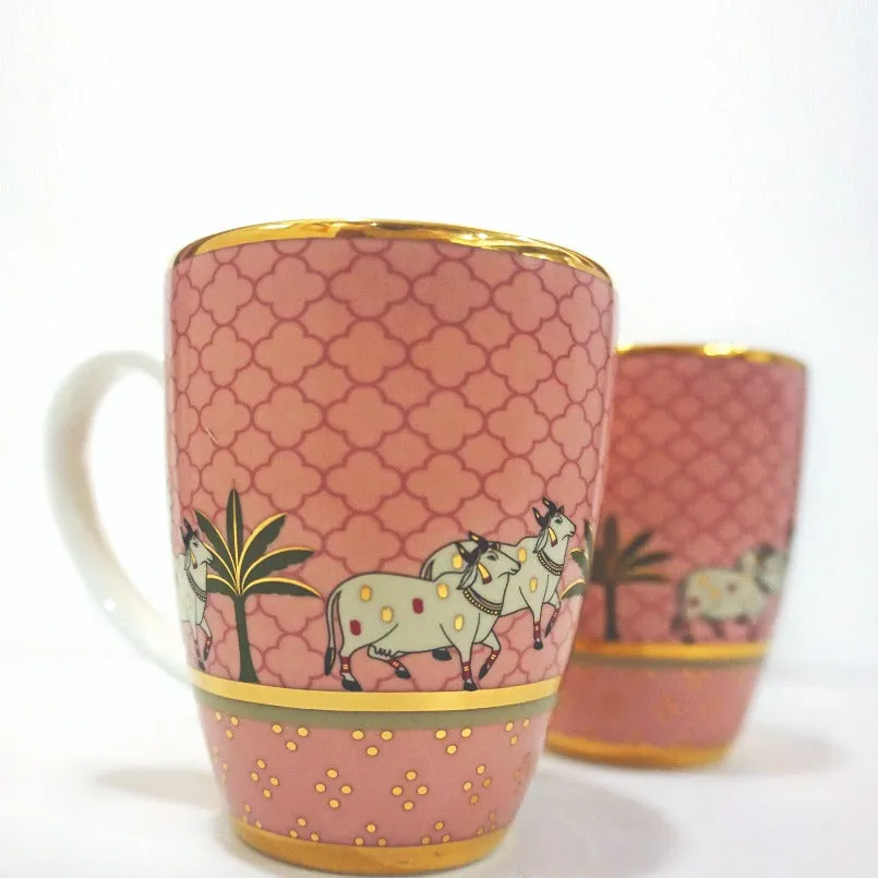 Gift Set – 2 Pichwai Green Mugs And 2 Pichwai Pink Mugs