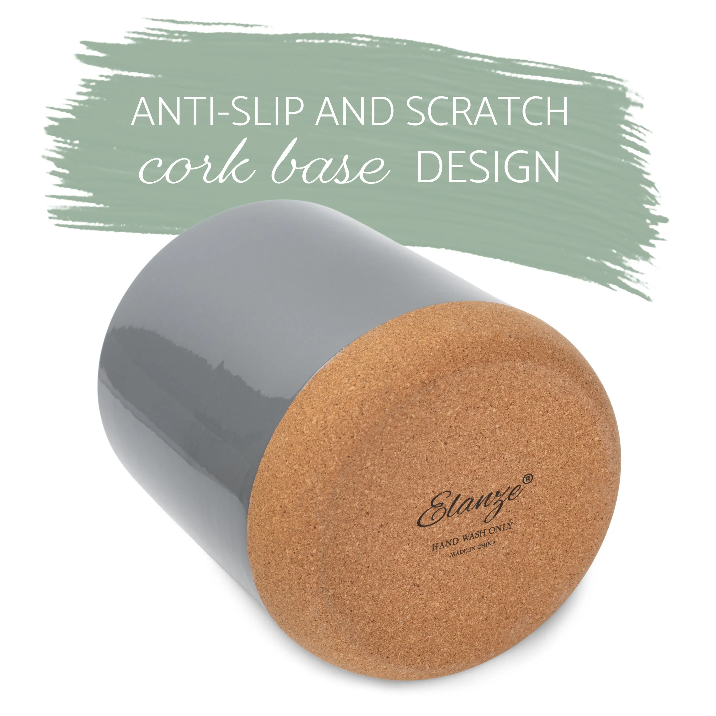 Glossy X-Large Ceramic Stoneware Cork Bottom Kitchen Utensil Holder, Grey