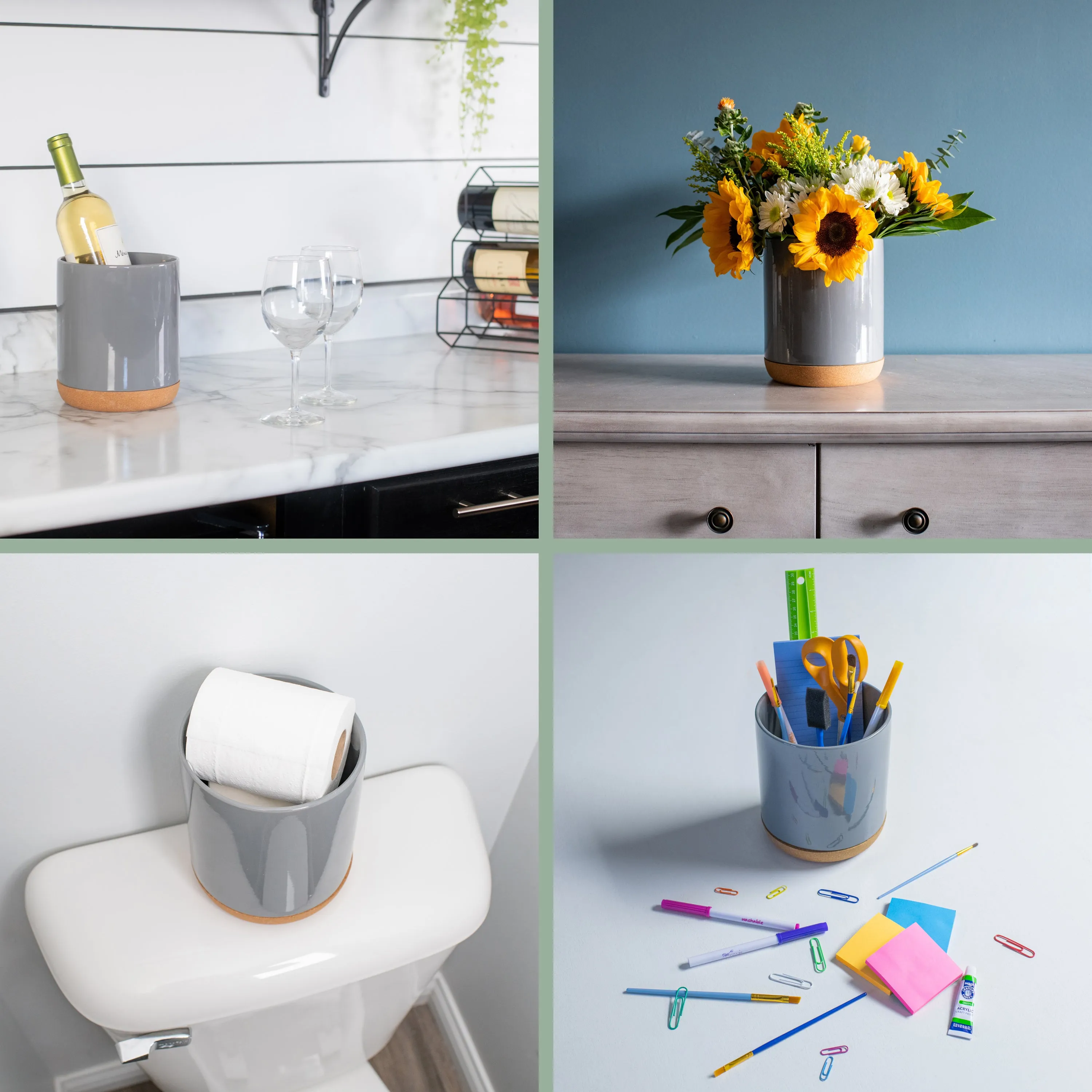 Glossy X-Large Ceramic Stoneware Cork Bottom Kitchen Utensil Holder, Grey