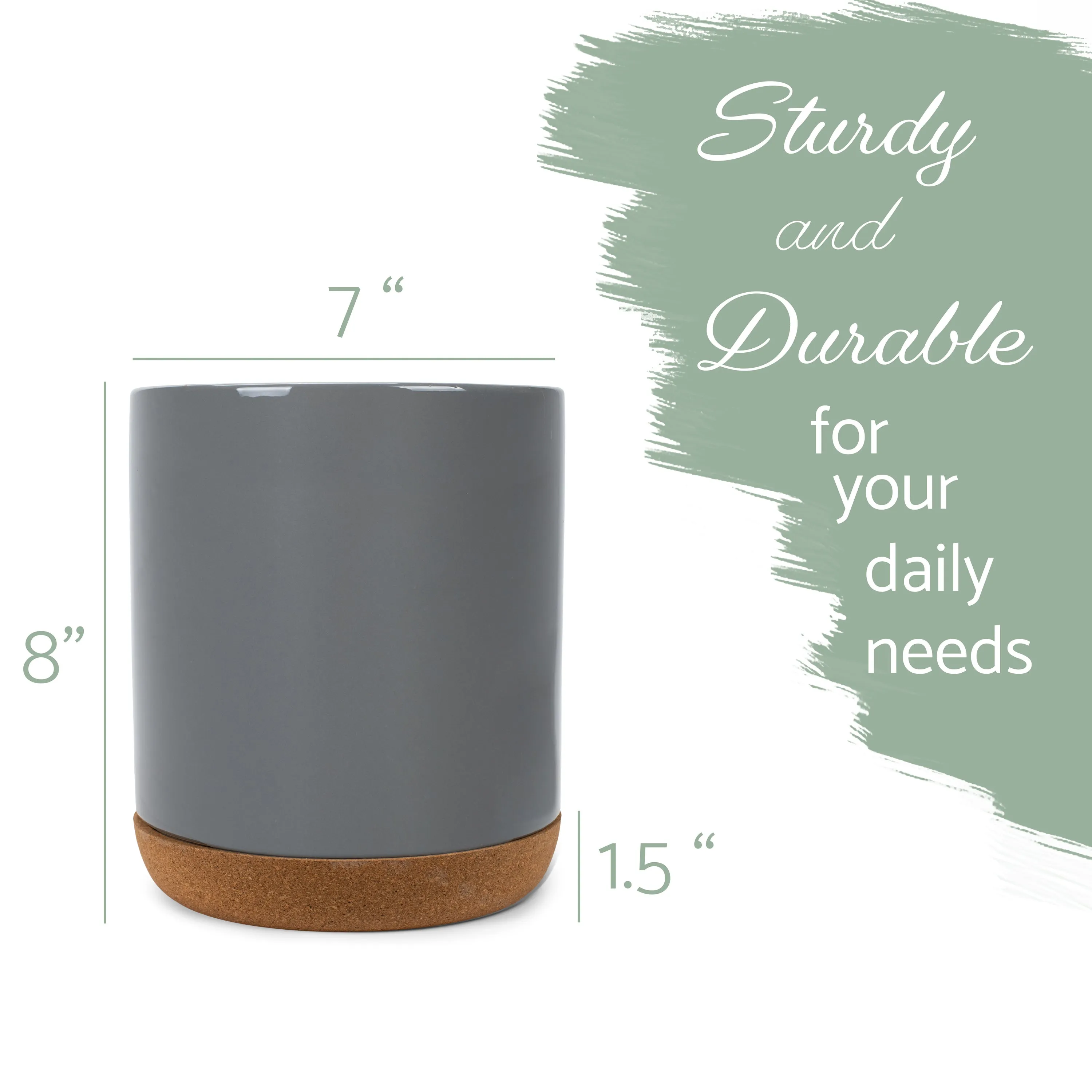 Glossy X-Large Ceramic Stoneware Cork Bottom Kitchen Utensil Holder, Grey