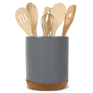 Glossy X-Large Ceramic Stoneware Cork Bottom Kitchen Utensil Holder, Grey
