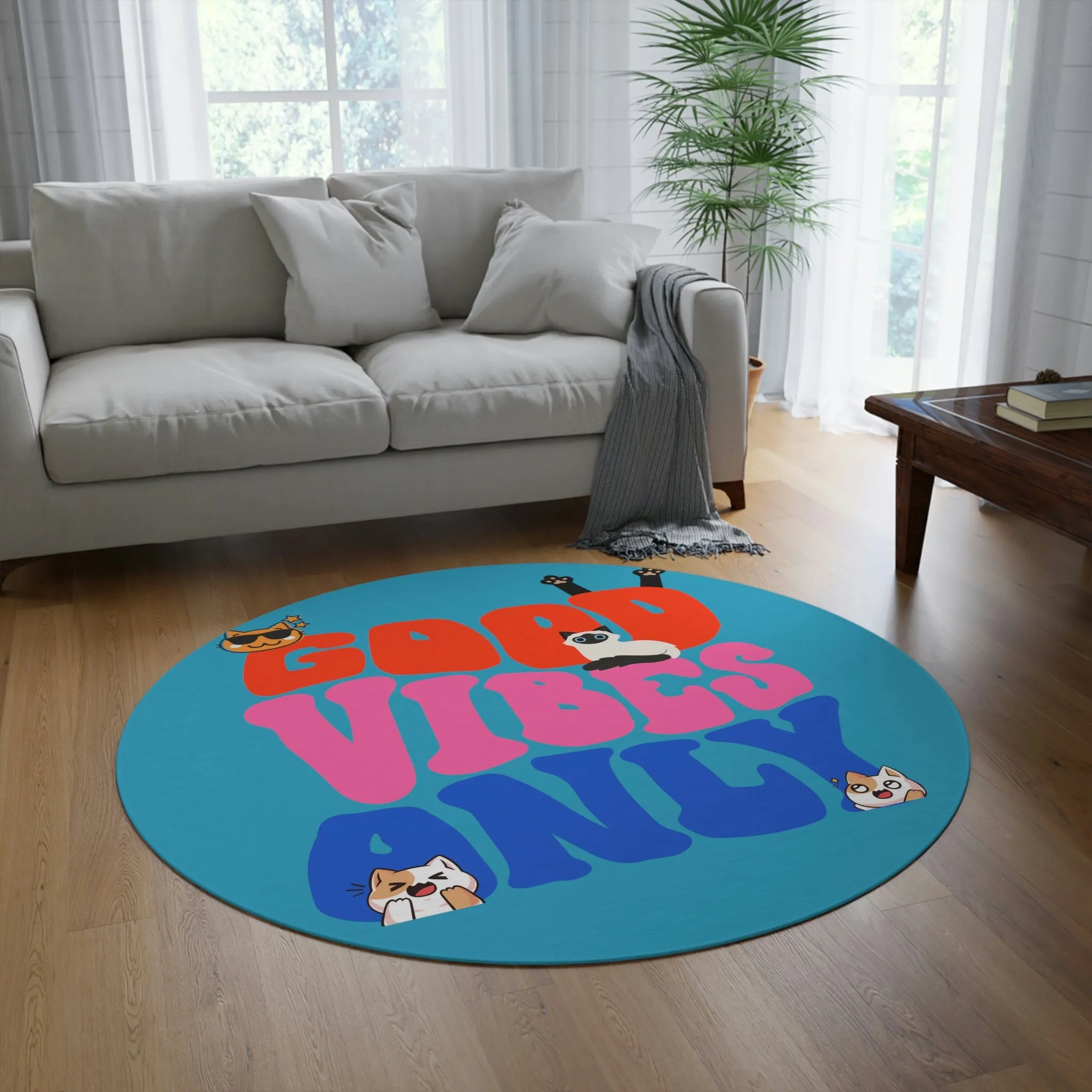 Good Vibes Only Cat POD Round Rug