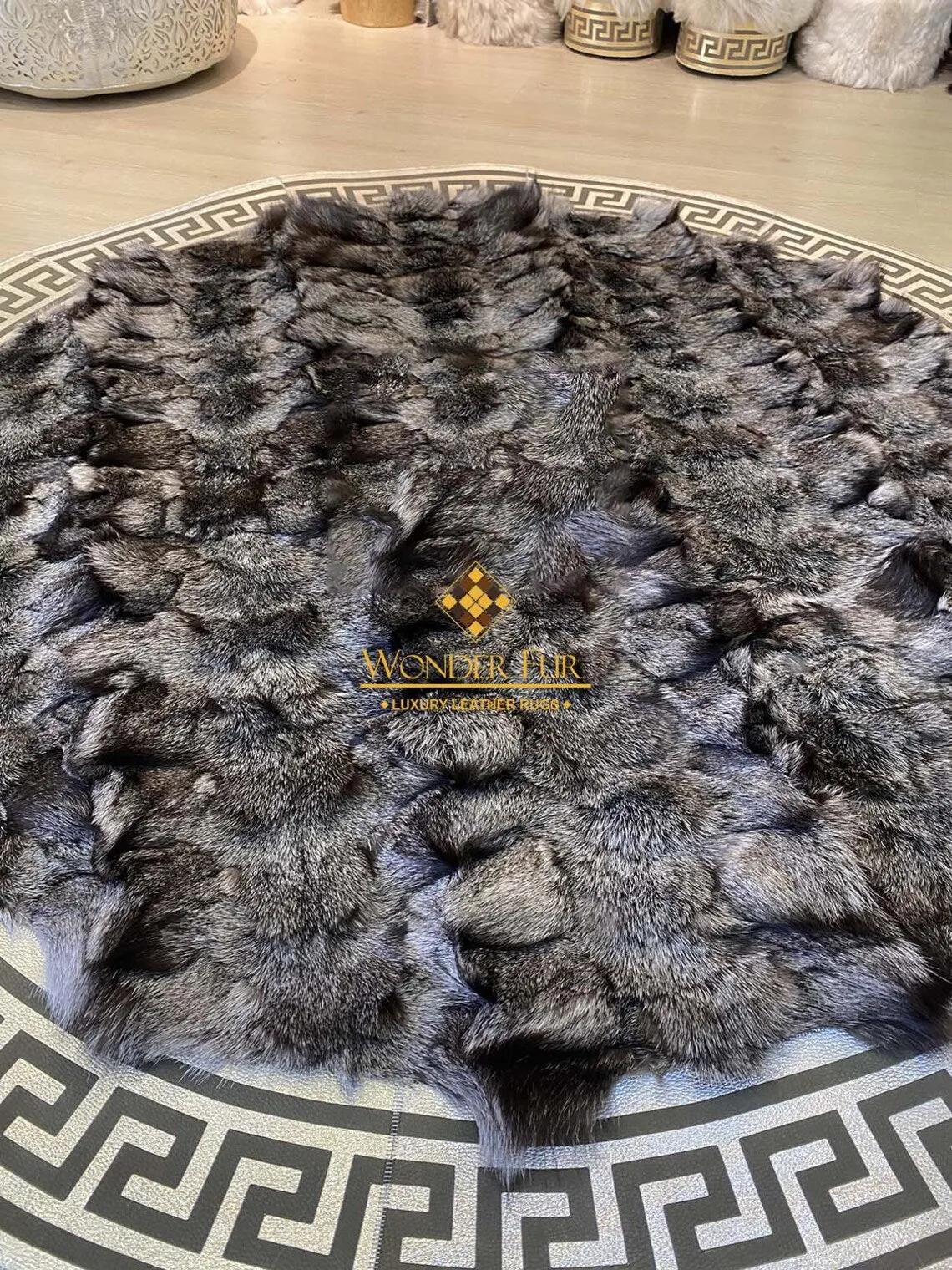 Gray And Silver Handmade Soft Natural Fox Fur Round Rug
