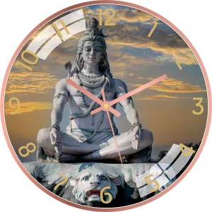 HandyTrendy 12 Inches Non Ticking Silent Classic God Wall Clock | Stylish Battery Operated Round Wall Clock (Rosegold Frame) (Meditation Shivaji Clock)
