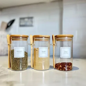 Herbs and Spices Glass Jar with Bamboo Lid and Spoon with Minimal Label 0.3L