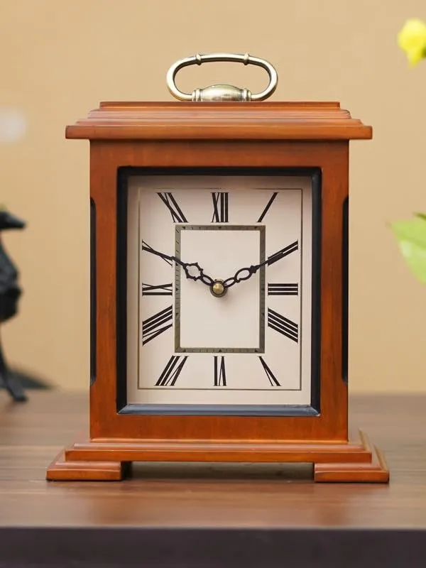 INDIANA CRAFT Decorative Brown Colour Wooden Analog Roman Numbers Rectangular Table Clock for Office Desk Home Bedroom Living Study Room Decor Gifts (Size: 22 x 10 x 28 CM | Weight: 1510 Gram)