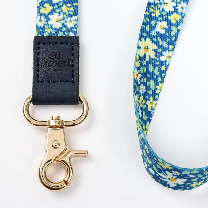 LANYARD with embossed words - BLUE FLORAL