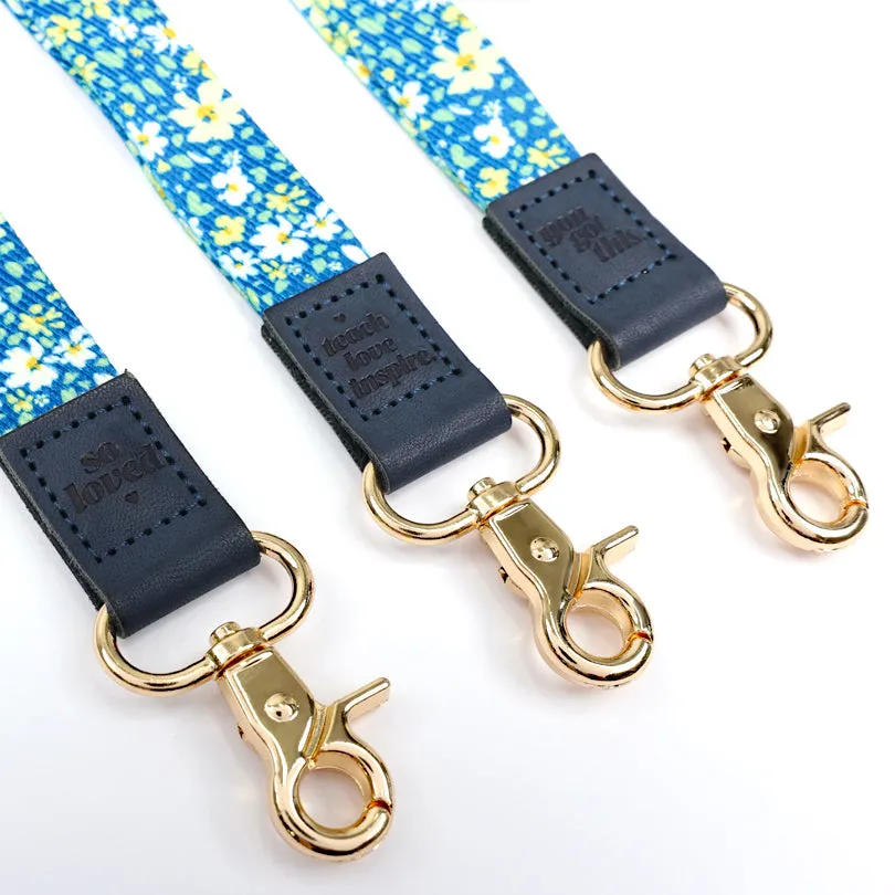 LANYARD with embossed words - BLUE FLORAL