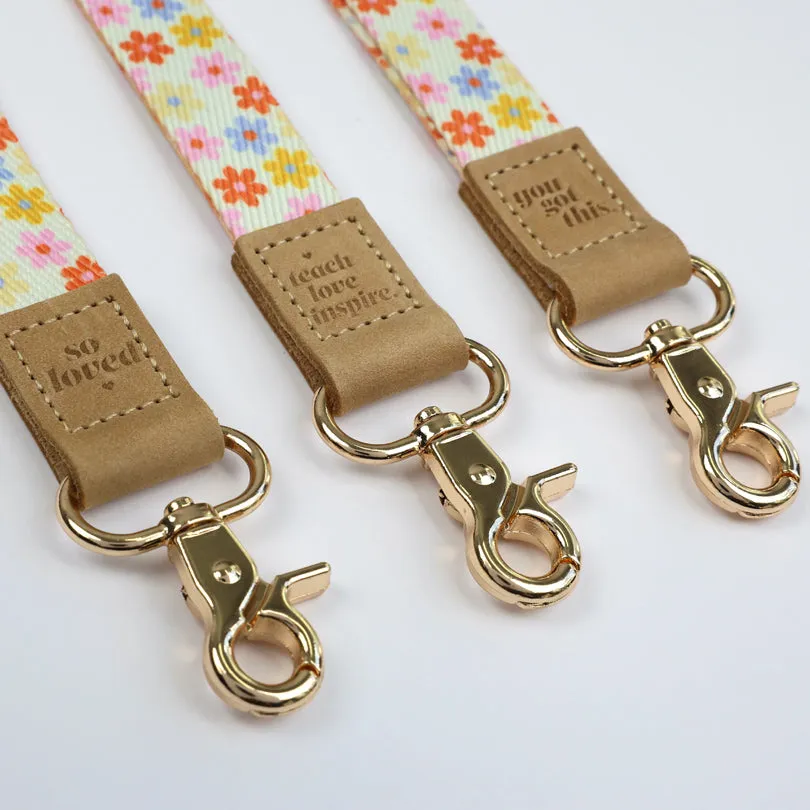 LANYARD with embossed words - BRIGHT POP CREAM FLOWERS