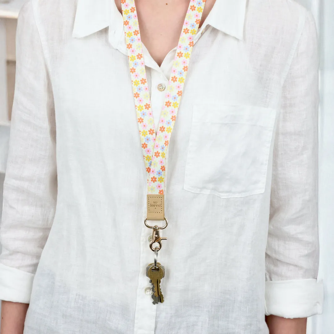 LANYARD with embossed words - BRIGHT POP CREAM FLOWERS
