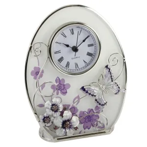 Lavender Butterfly and Flowers Glass Oval Clock - Make An Excellent Gift For That Special Lady. Ideal Birthday / Anniversary Gift