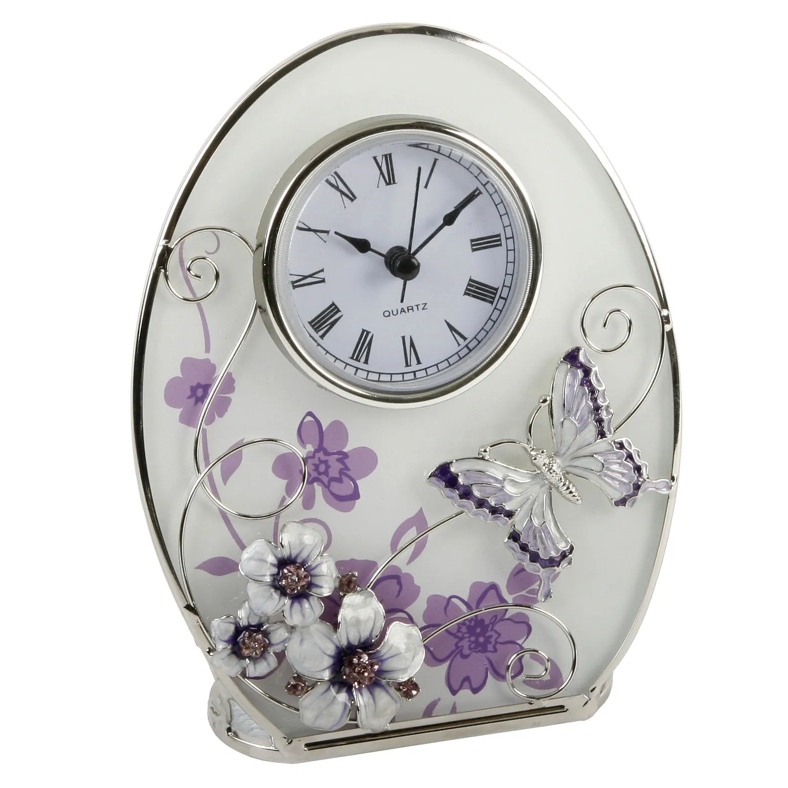 Lavender Butterfly and Flowers Glass Oval Clock - Make An Excellent Gift For That Special Lady. Ideal Birthday / Anniversary Gift
