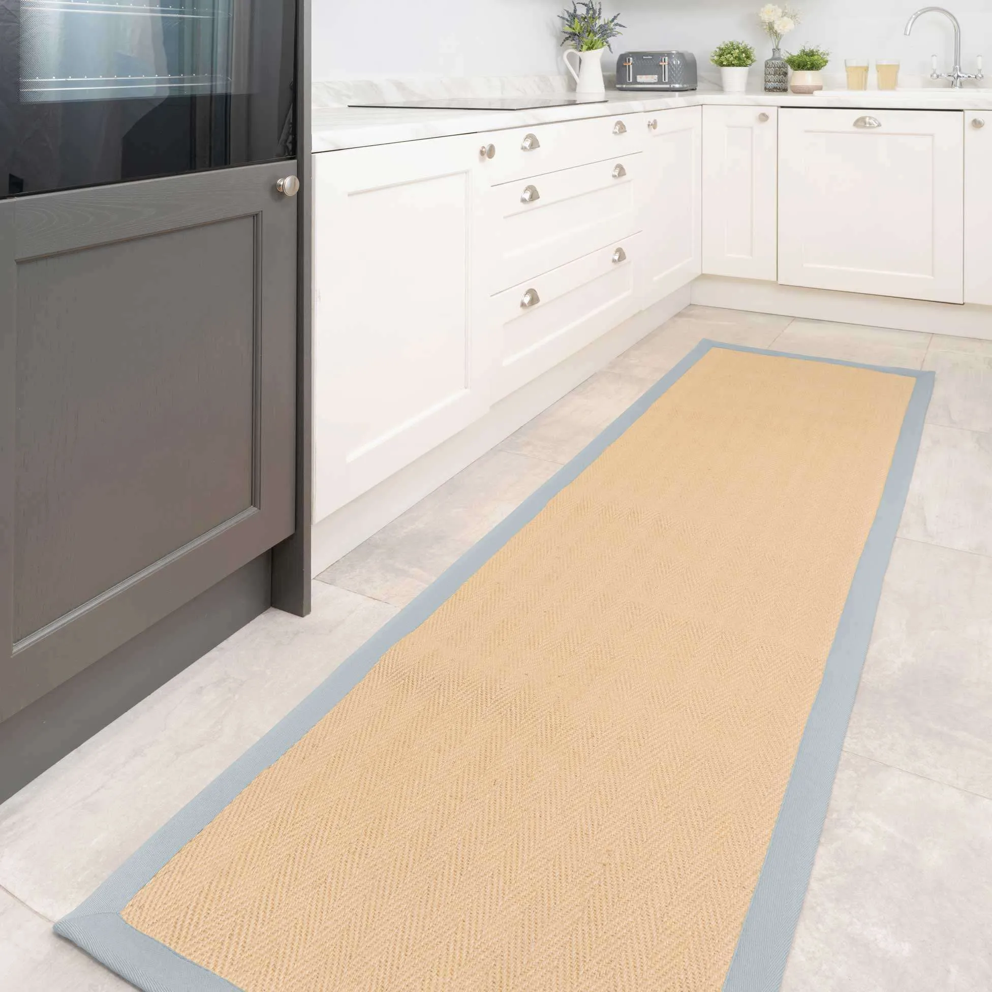 Light Blue Cotton Border Natural Jute Area Rug
