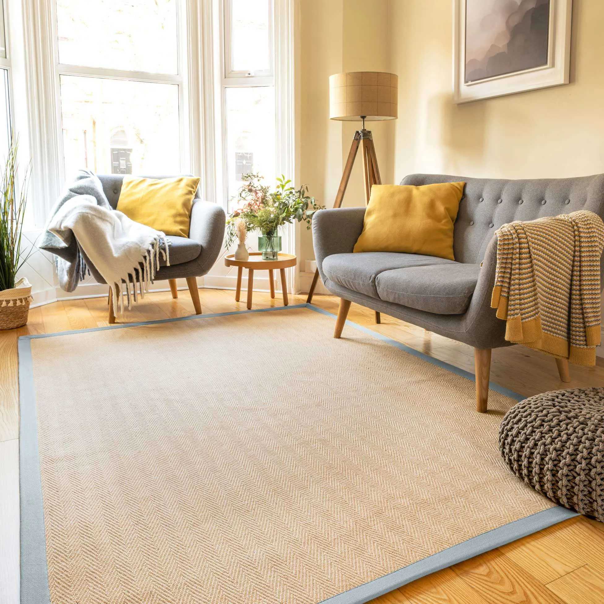 Light Blue Cotton Border Natural Jute Area Rug