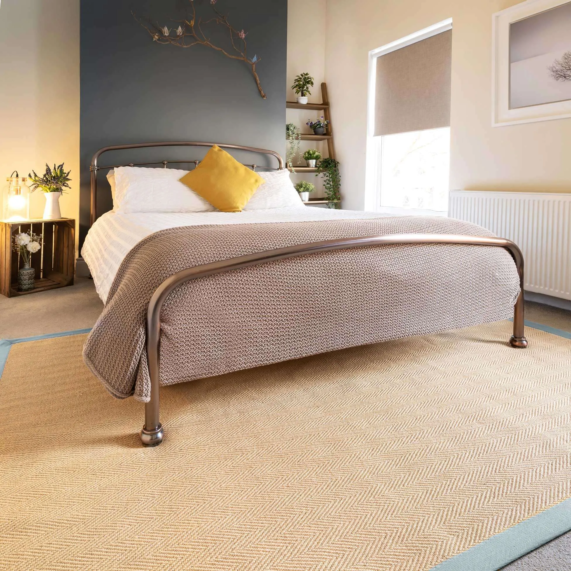 Light Blue Cotton Border Natural Jute Area Rug