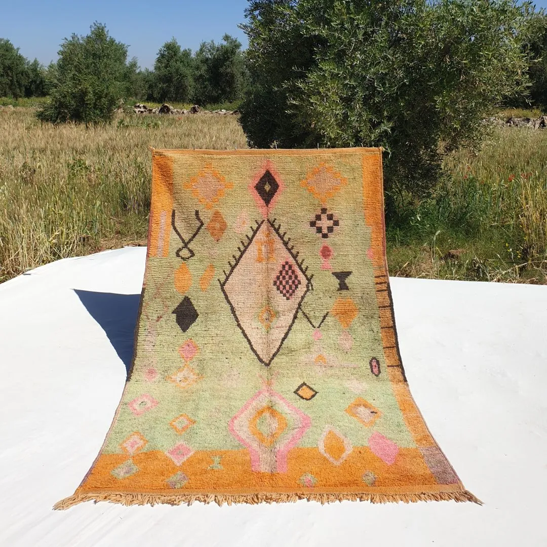 Macia - Orange Green Vintage Moroccan 5x8 Rug | Berber Authentic Handmade Wool Carpet | 8'30x5'10 Ft | 252x155 cm