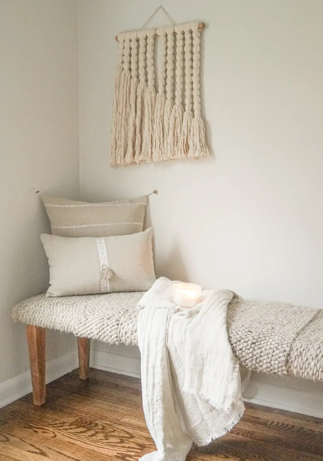 Natural Beige & White Embr Stripes Linen Pillow