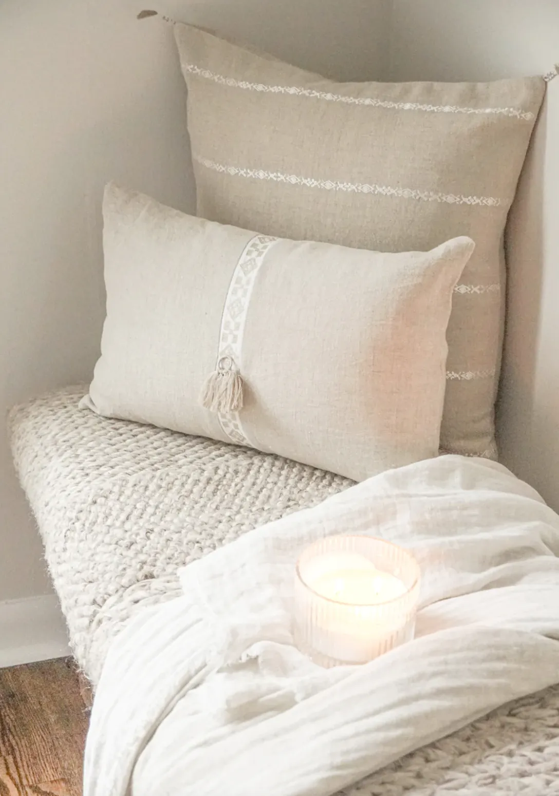 Natural Beige & White Embr Stripes Linen Pillow