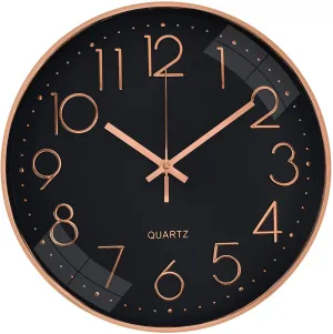 Rylan Wall Clock 12" Silent Quartz Decorative Latest Wall Clock Non-Ticking Classic Clock Battery Operated Round Easy to Read for Room/Home/Kitchen/Bedroom/Office/School- (Rose Black)