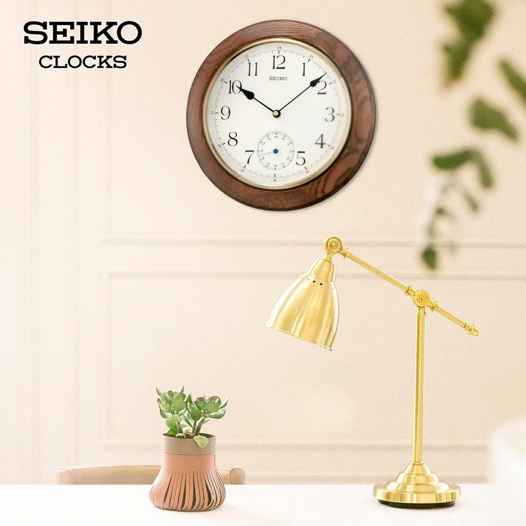 SEIKO Elegant Round Analog Brown Wooden Home Decor Wall Clock with Dual Seconds Clock (Size: 30 x 4.7 x 30 CM | Weight: 1250 gram) QXA432BN