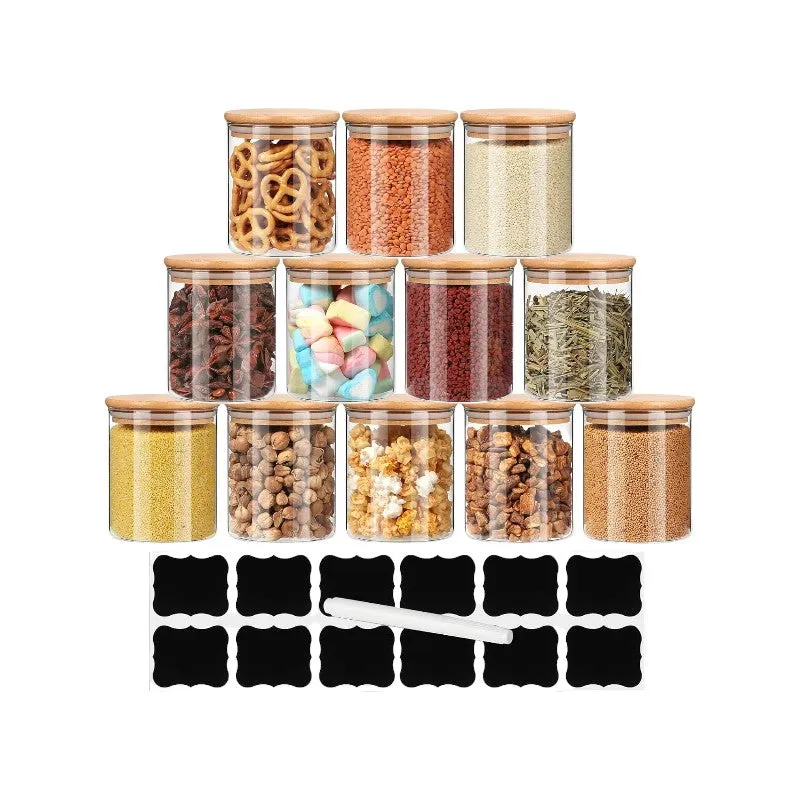 Set Of 12 230ml Glass Storage Jars with Bamboo Lids and Labels