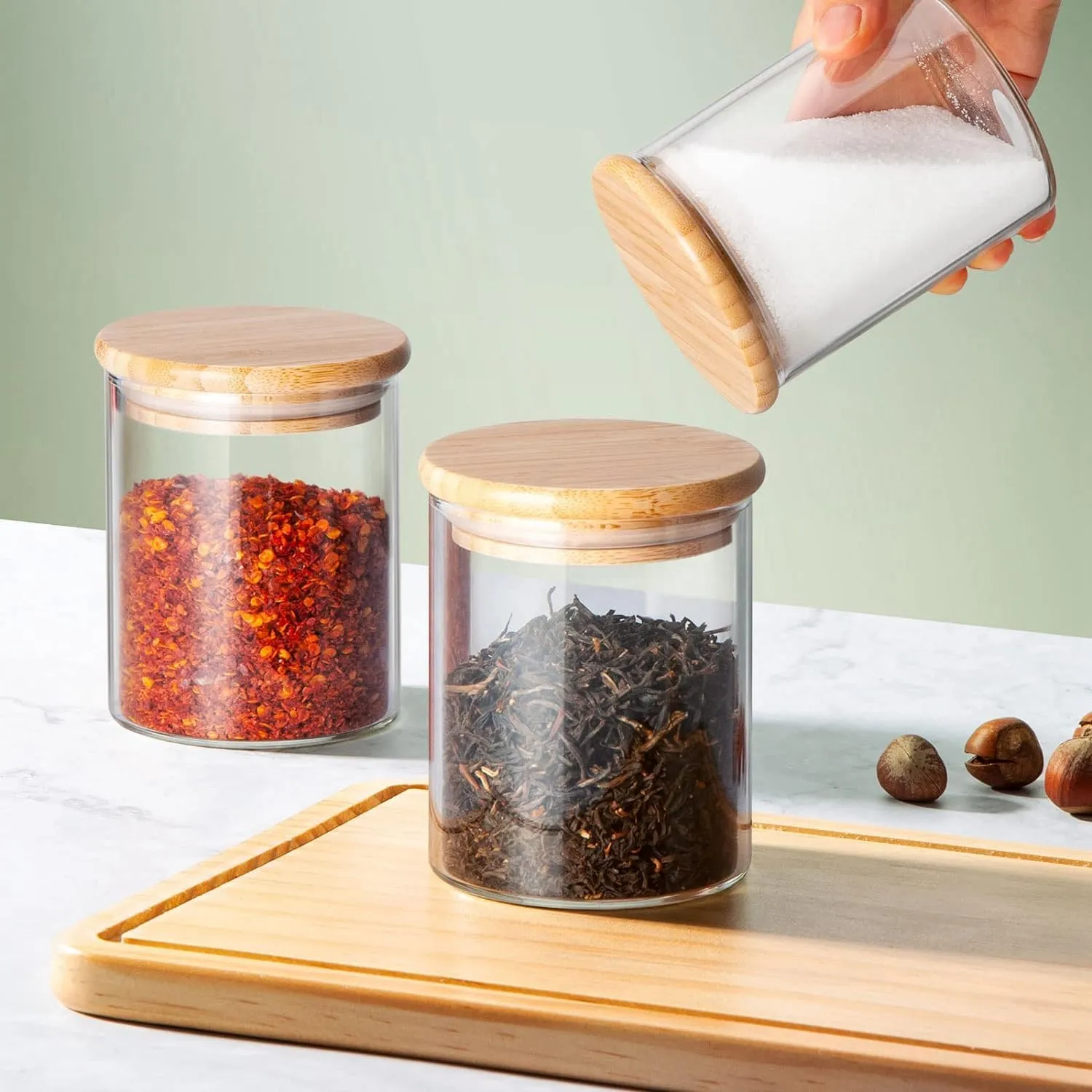 Set Of 12 230ml Glass Storage Jars with Bamboo Lids and Labels