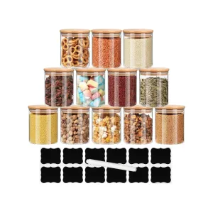 Set Of 12 230ml Glass Storage Jars with Bamboo Lids and Labels