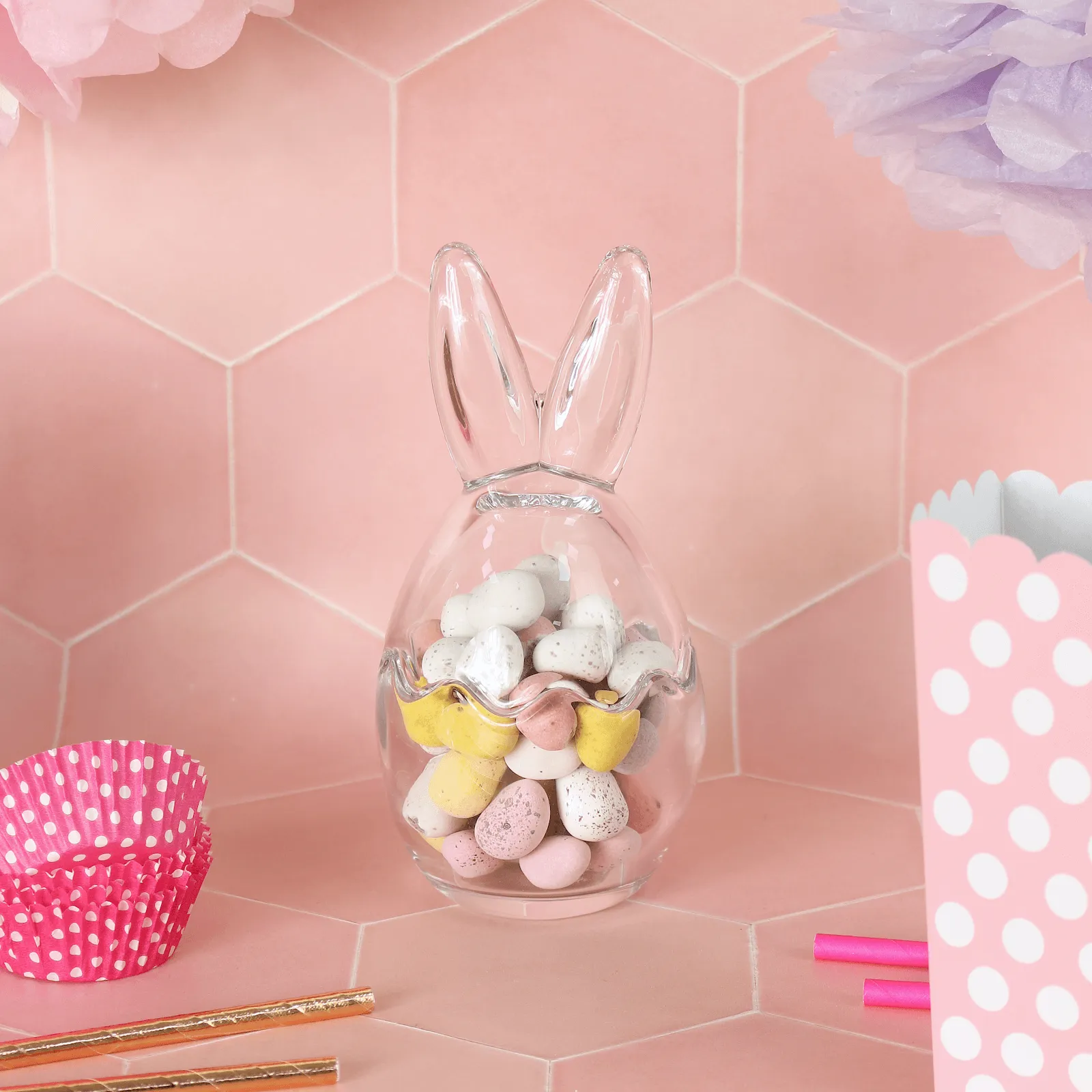 Set of 3 Easter Bunny Ears Glass Treat Sweets Storage Jars