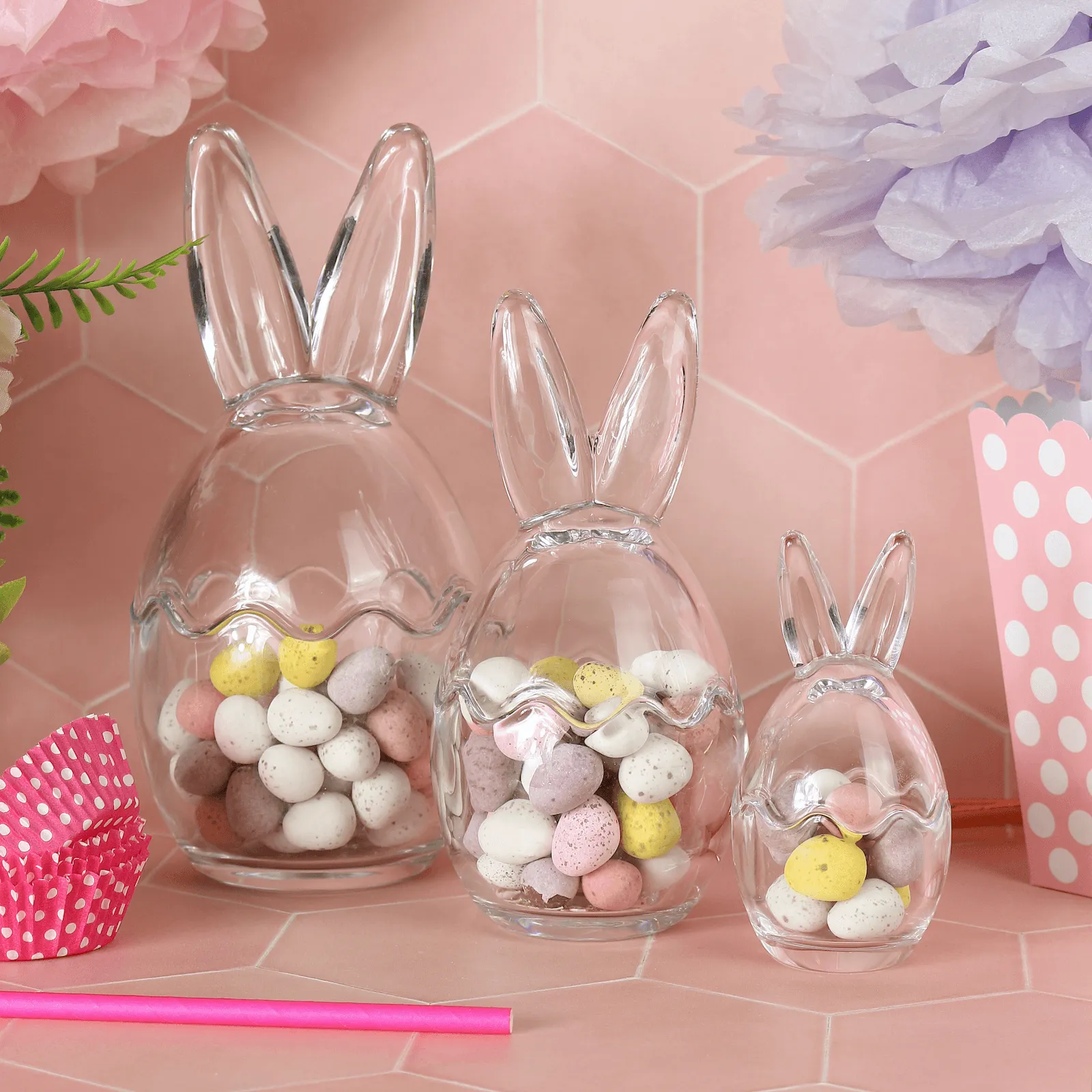 Set of 3 Easter Bunny Ears Glass Treat Sweets Storage Jars