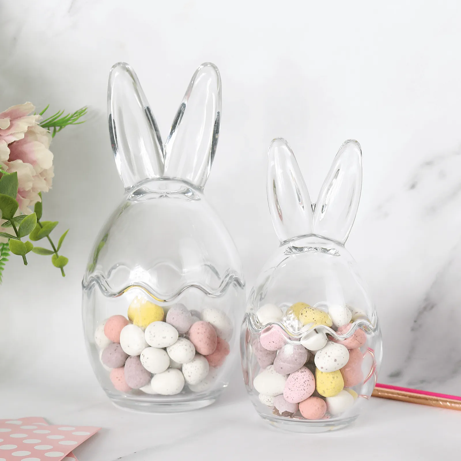 Set of 3 Easter Bunny Ears Glass Treat Sweets Storage Jars