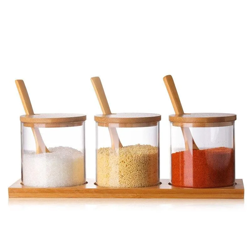 Spice Jars with Wooden Spoon and Stand