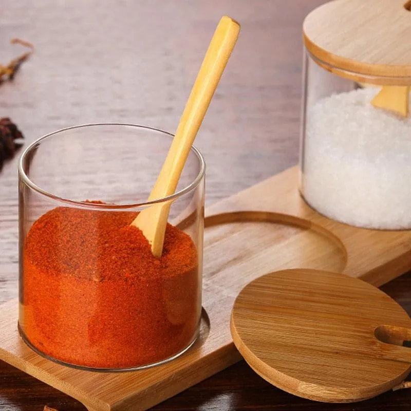 Spice Jars with Wooden Spoon and Stand