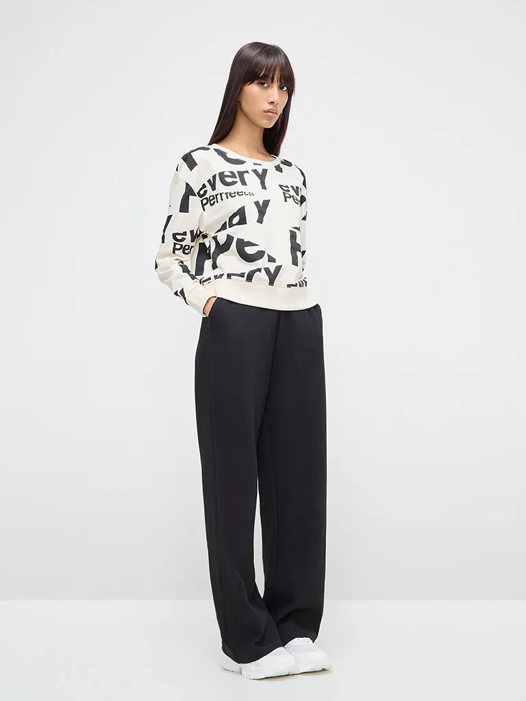 Studiofit Beige Text Printed Cotton Sweatshirt