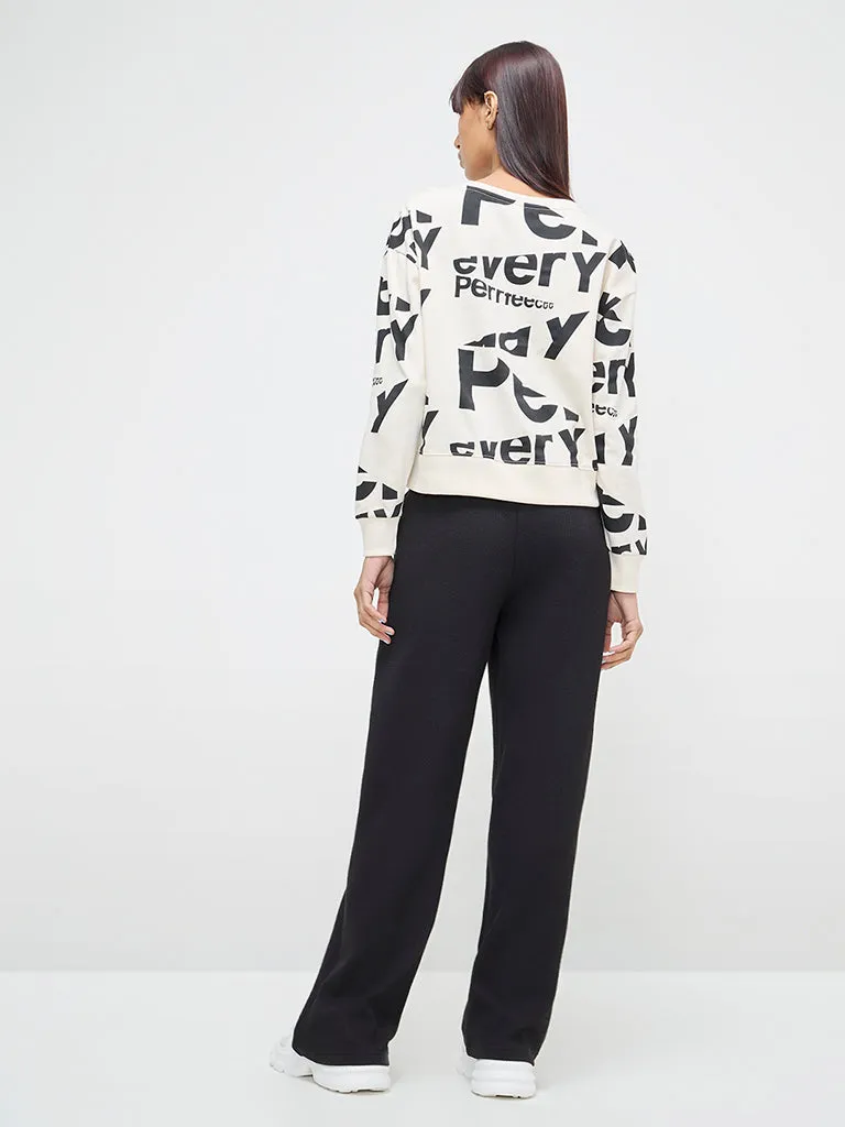 Studiofit Beige Text Printed Cotton Sweatshirt