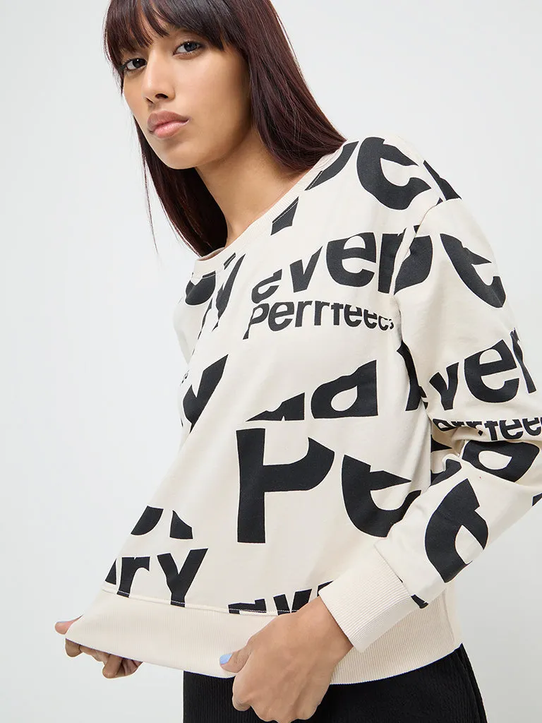 Studiofit Beige Text Printed Cotton Sweatshirt