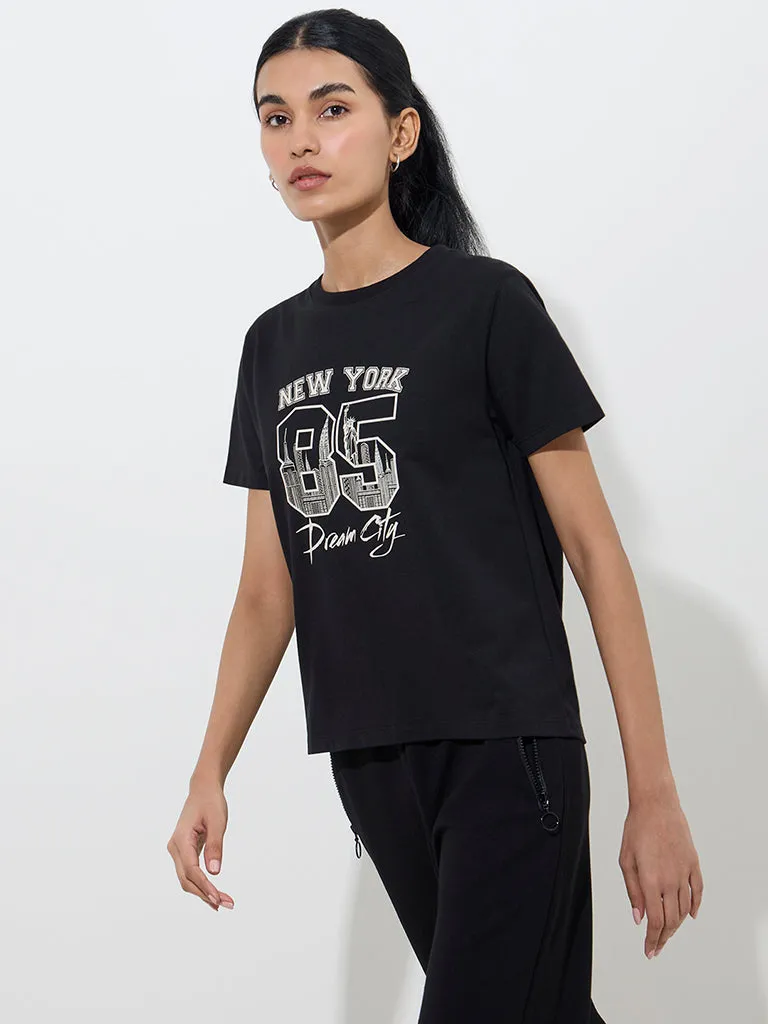Studiofit Black Text Printed Cotton T-Shirt