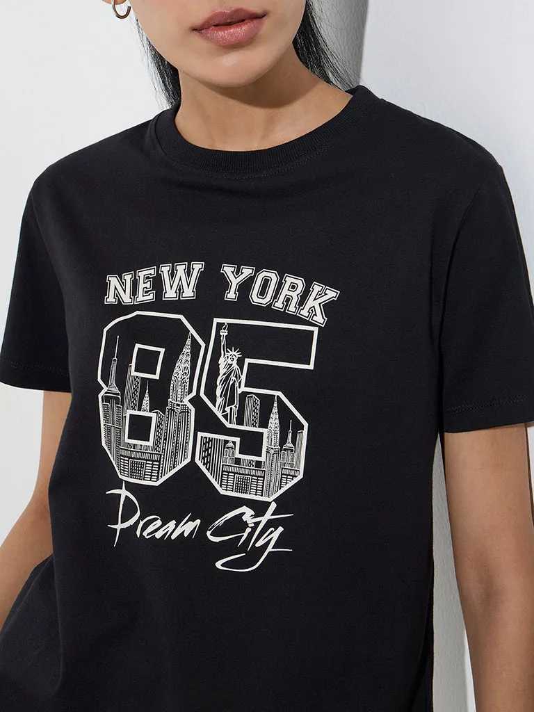 Studiofit Black Text Printed Cotton T-Shirt